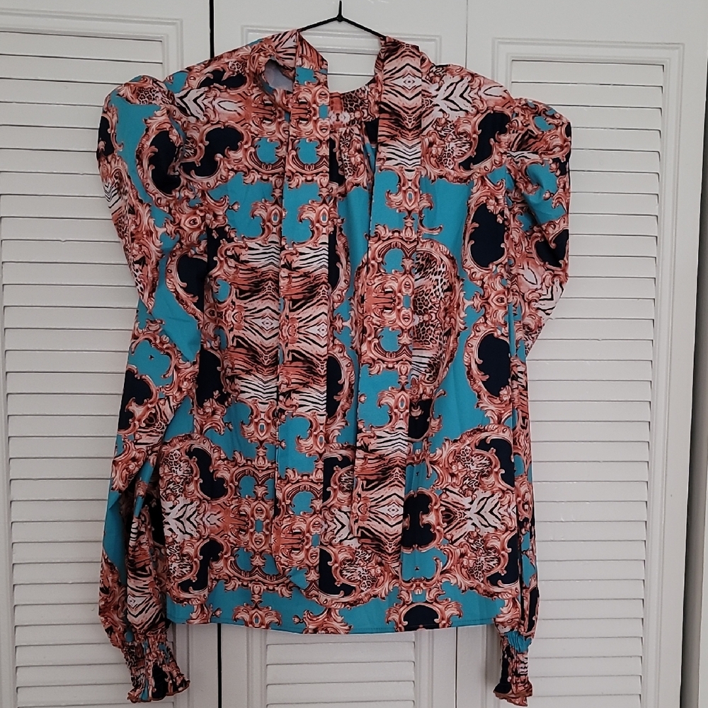 Chic Blue and Pink Graphic Ruffled Blouse